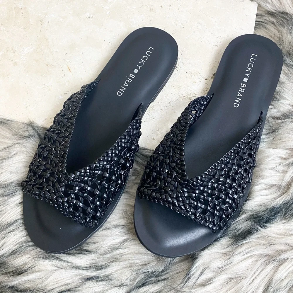 Lucky Brand Black Mesh Knitted Slip On Slide Sandals Adolela Woven Boho Chic - Picture 2 of 6